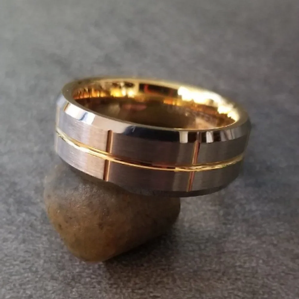 Men's Real Tungsten Promise Ring Brushed Steel 14k Gold Grooves - Guy's Ring